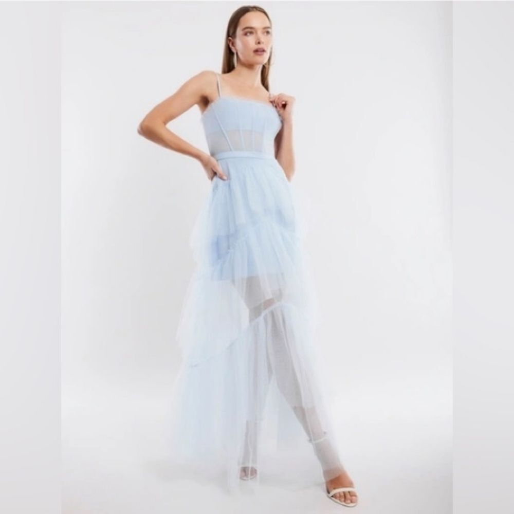 BCBGMaxAzria Oly Corset Tiered Ruffle Tulle Gown -Kentucky Blue - Size 14